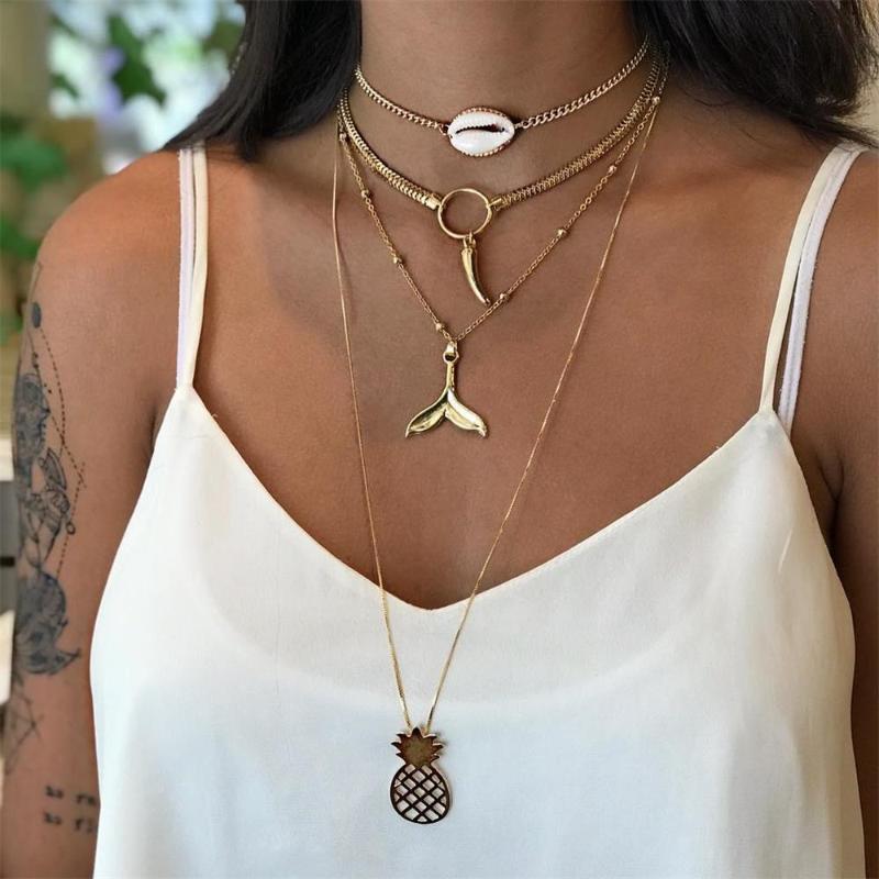 

Chains Women Necklaces Boho Pineapple Fishtail Water Drop Circle Shell Bead Chain Clavicle Gold Necklace Set Wedding Jewelry