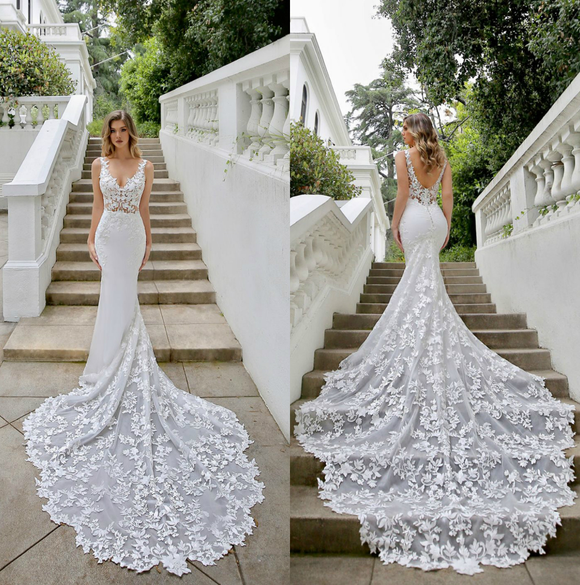 

Elegant Mermaid Wedding Dresses Satin V Neck Sweep Train Trumpet Bridal Gowns Plus Size Custom Made Beach Wedding Dress Robes De Mariée, White