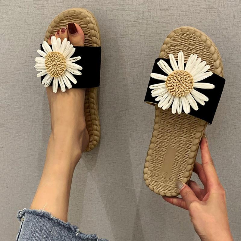 

SAGACE New Woven Slippers ladies flat shoes Sandals For Womens Flats daisy slippers Comfortable Shoes Summer Beach A525, Bk