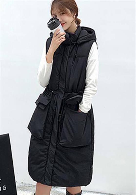 

2020 Winter New Down Long Vest Women Outerwear Sleeveless Female Korean Fashion Warm Hooded Jacket Waistcoat Autumn Parkas, Beige