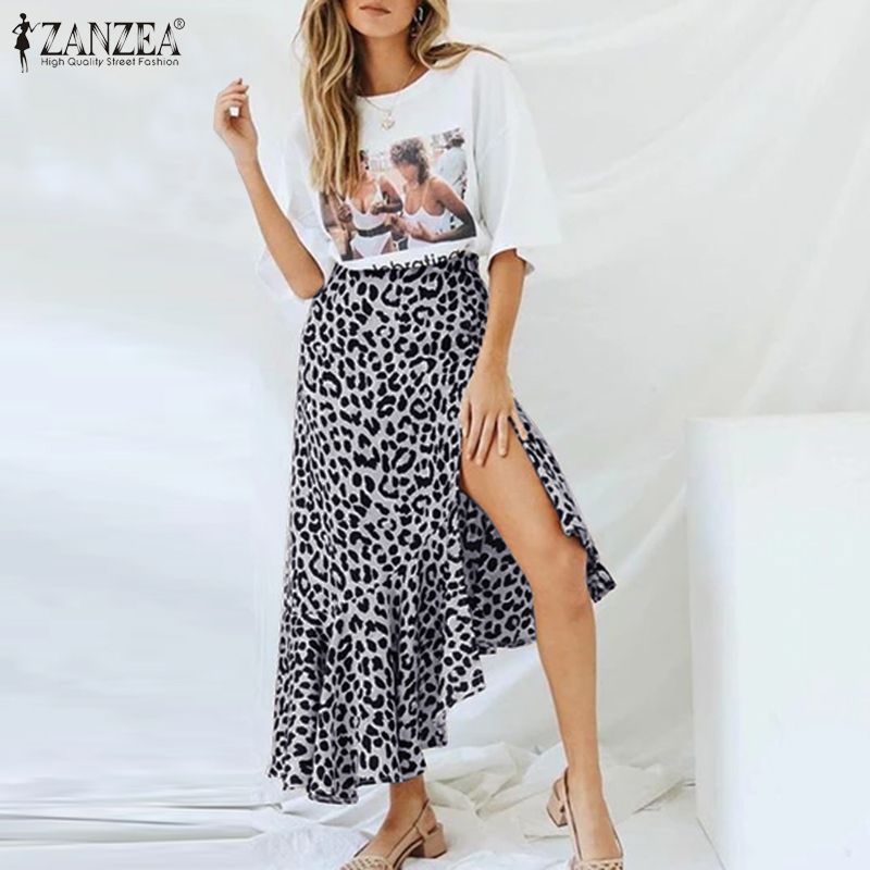 

ZANZEA Sexy Leopard print Skirts Women Summer Bohemian Beach Skirts High Waist Split Hem Skirt Jupe Casual Ruffles Saia, Beige