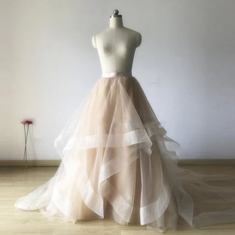 

Fashion Long Wedding Skirt Champagne Ruffled Puffy Ball Gown Maxi Skirt High Waist Floor Length Women Prom Party Wear, Beige
