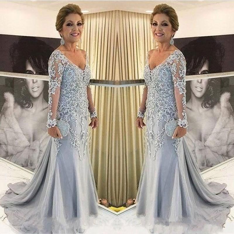 

Sky Blue Mermaid Plus Size Mother Of The Bride Dresses V Neck Long Sleeves Lace Appliques Tulle Beads Sweep Train Party Evening Gowns