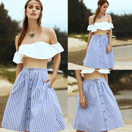 

2018 New Women A-Line Stripe Single-Breasted High Waist Skater Flared Skirt Size -XL, Blue