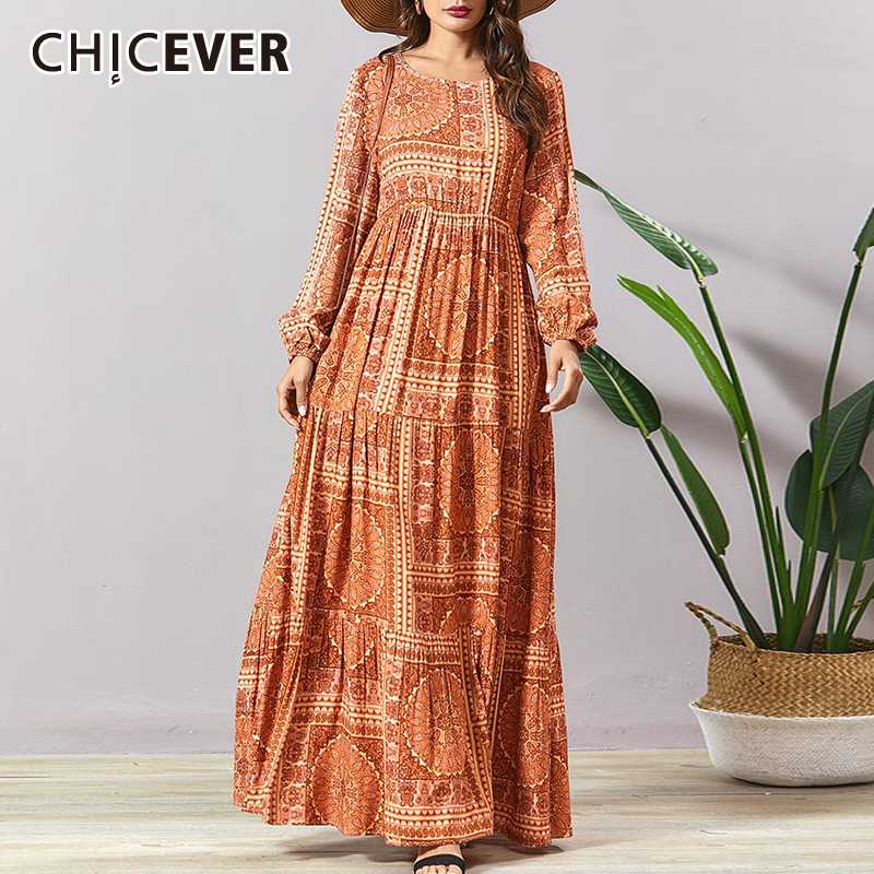 

CHICEVER Bohemian Print Hit Color Dress For Women O Neck Lantern Sleeve Plus Size Pleated Maxi Dresses Female 2020 Clothes New, As picture