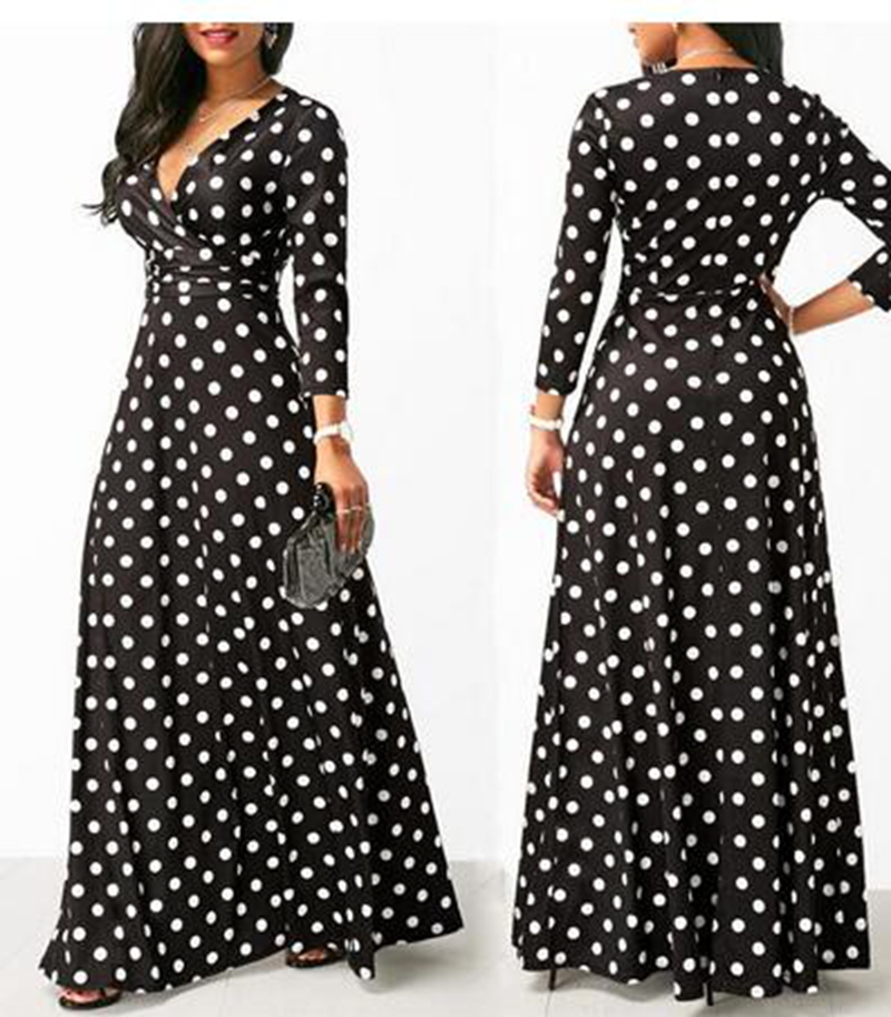 

Women Polka Dot Long Sleeve Boho Dress Elegant Vintage Women Dresses Evening Party V Neck Maxi Long Dress Fashion Ladies Dresses, Black