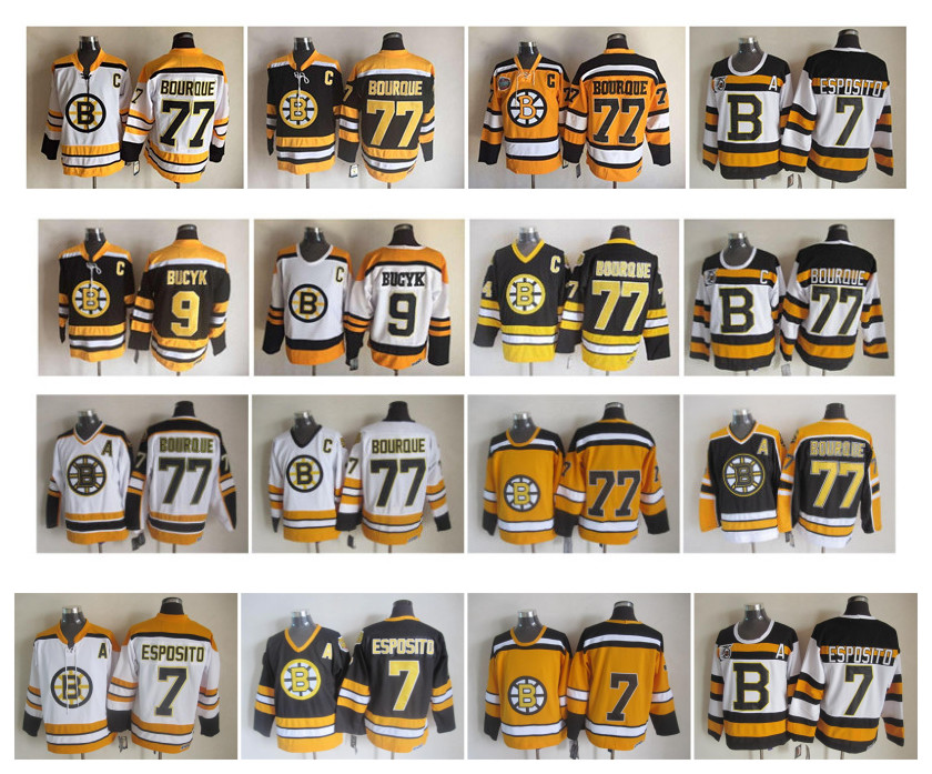 

Vintage Boston Bruins Jersey 7 Phil Esposito 77 Ray Bourque 9 Johnny Bucyk Black White Yellow CCM Retro Hockey Jerseys Size 48-56, As pic