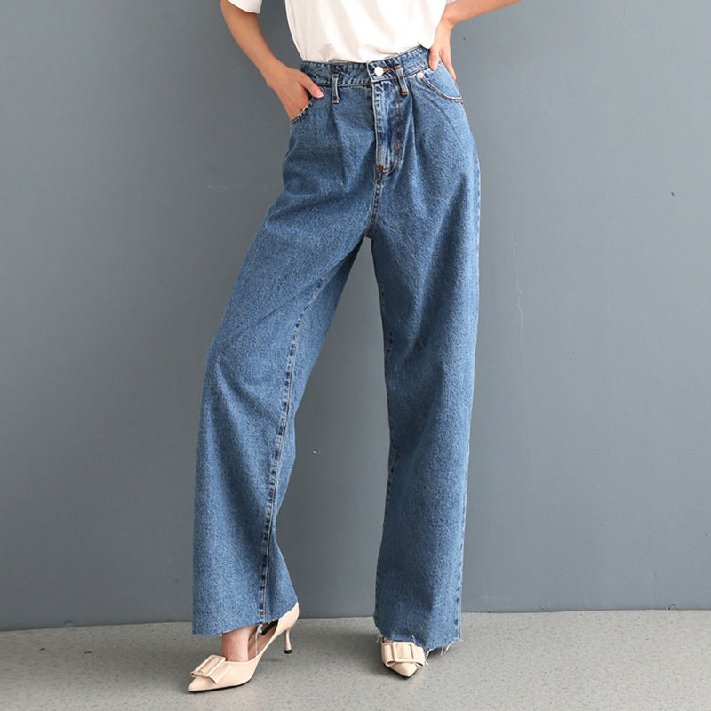 

2020 Fashion Women Blue Pleated Wide Leg Jeans High Waist Pockets Denim Trousers Female Casual Long Pants Pantalones