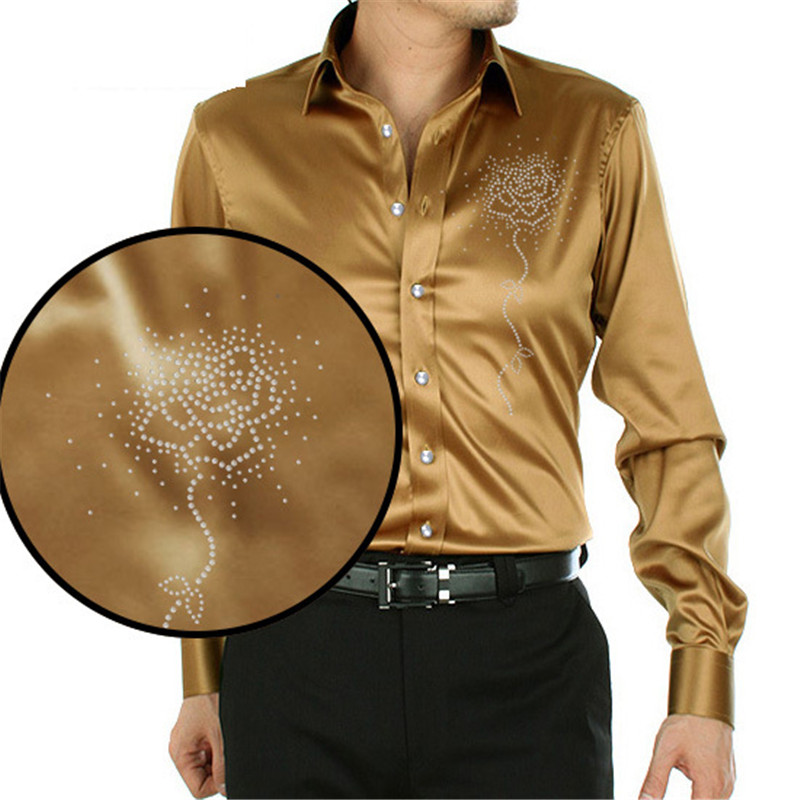 

Men's shirt simulation silk fashion slim rose pattern men's shirt long-sleeved comfortable high-end casual, Sky blue