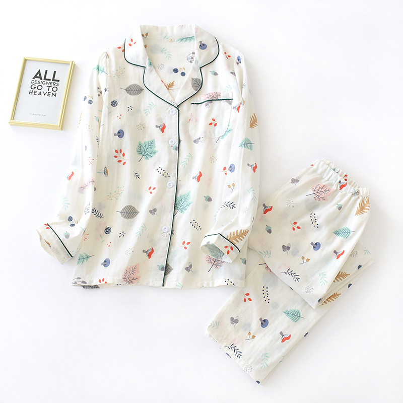 

Soft Cotton Ladies Homewear Cloth Pijama Pyjama Spring Autumn Sleepwear Sets Kawaii Leaf Printing Pajama Suit for Women, Pink