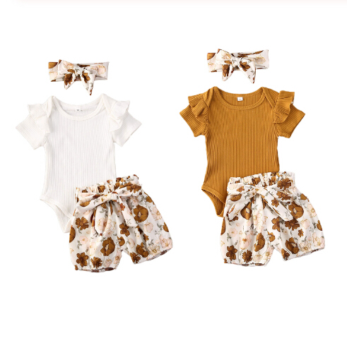 

Dropshipping 3pcs Set Infant Baby Girls Clothes Sets Ruffles Short Sleeve Romper Tops+Floral Shorts+Headband 0-24M