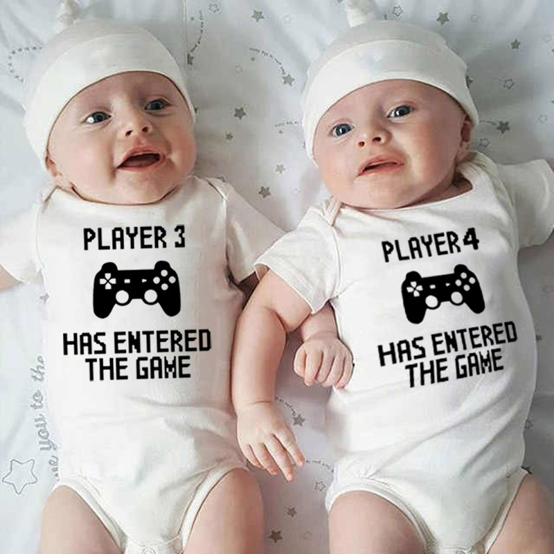 

Player 3 and 4 Has Entered The Game Funny Newborn Twin Baby Cotton Romper Short Sleeved Infant Siblings Family Matching Clothes, R215-srplb-