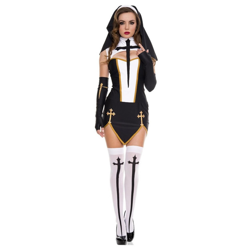 

Black White Sexy Nun Sister Costume Virgin Mary Nuns Costumes Adult Women Halloween Cosplay Party Dress+Hood+Gloves+Stockings