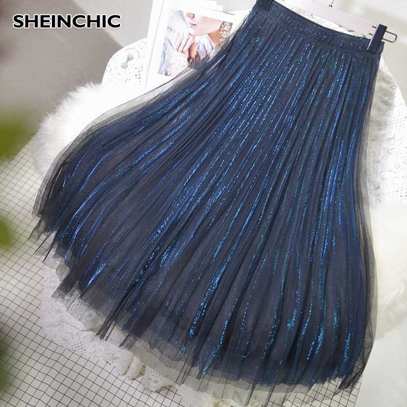 

2020 Spring Summer Bright Silk Mesh Skirt Vintage Bling Bright High Waist Pleated Dress For Female Casual Women Midi Skirt, Beige