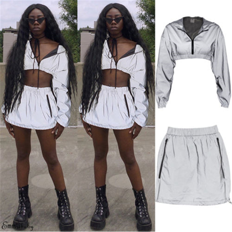 

Fashion Women Suits Autumn Reflective Zipper Hooded Long Sleeve Crop Top Lady Clothing Set Reflective Hoodies Mini Pencil Skirts, Reflective top