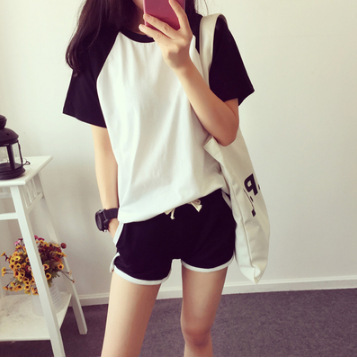 

Girl's Early Short-sleeved Round Collar Shorts Casual Sports Suit Large Size Slim Suit Two-piece Set Summer Cool Sport, Black