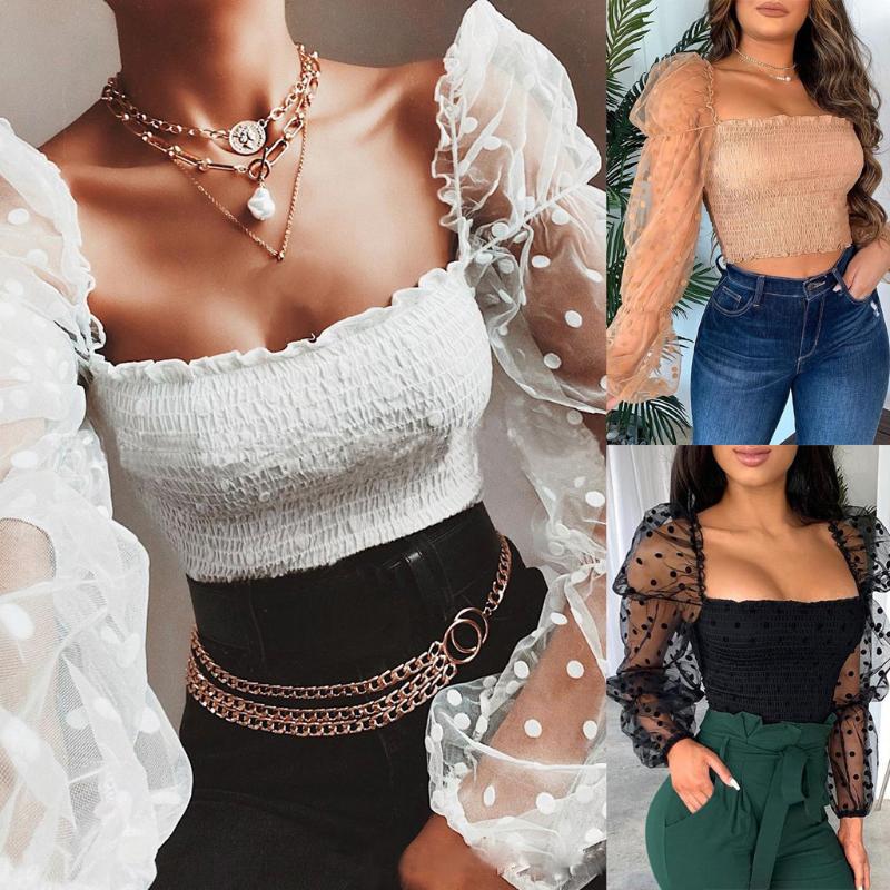 2020 New Women Fashion Sexy Off-shoulder Solid Slim Patchwork Puff Sleeve Tops Blouse Wrap Chest Tops