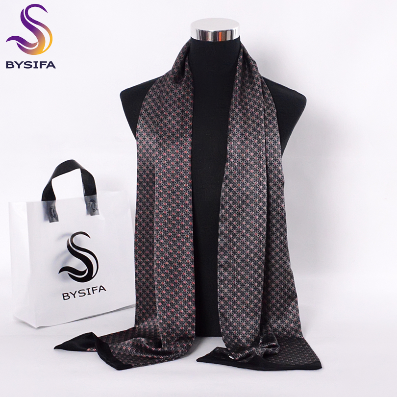 

luxury- [BYSIFA] Black Red Long Scarves For Men Fashion Accessories Male Pure Silk Scarf Cravat Winter Flowers Pattern Scarf 190*26cm, Blue;gray