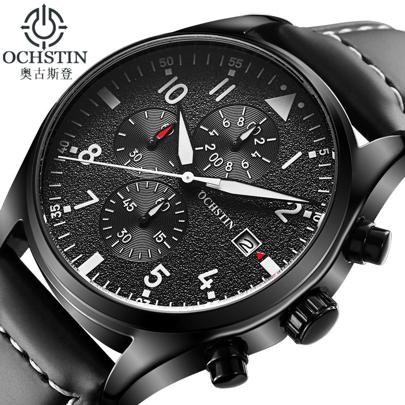 

OCHSTIN Watch Men Business Chronograph Luminous Waterproof Wristwatch Mens Luxury Brand Leather Quartz Sport Relogio Masculino LY191213, Black white