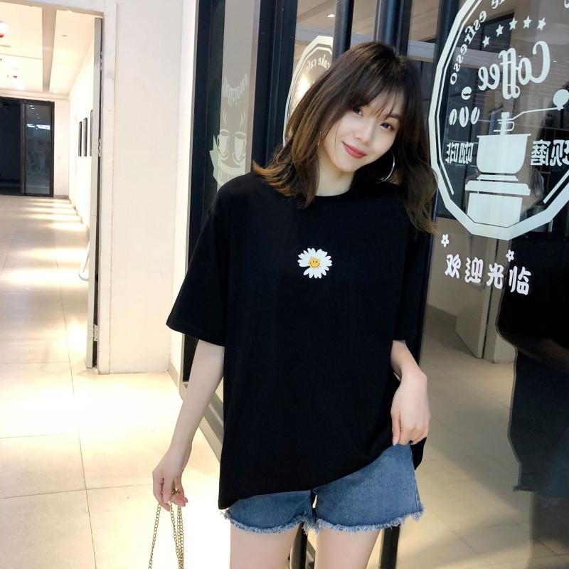 

Women Summer T-shirt Lady Tees Female Solid Color Short Sleeve Tops DAISY Print Fashion Plus Size D21-9058, Black