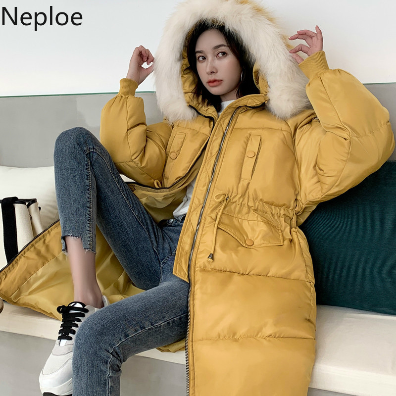

Neploe 2019 Winter New Mid Long Thicked Cutton Coat Temperament Loose Hooded Full Collar Zipper Parkas Solid Wild Jacket 46779, Black