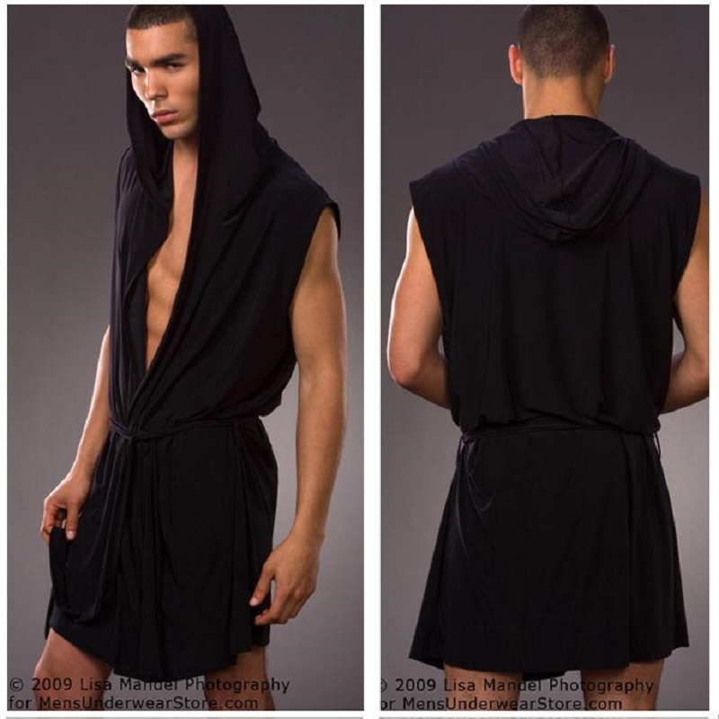 

Men' Pajamas Dressing Gown Home Wear Sexy Ick Ultra-Thin Sleeveless Pajamas Comfortable Breathable Hooded Nightgown Bathrobe, Black