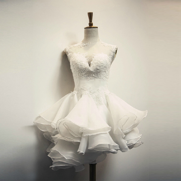 

Chic Jewel Neck Short White Wedding Dress Lace Appliques Ruffle Skirt Short Beach Wedding Dresses Zipper Up Back Cheap Wedding Gowns, Custom made from color chart