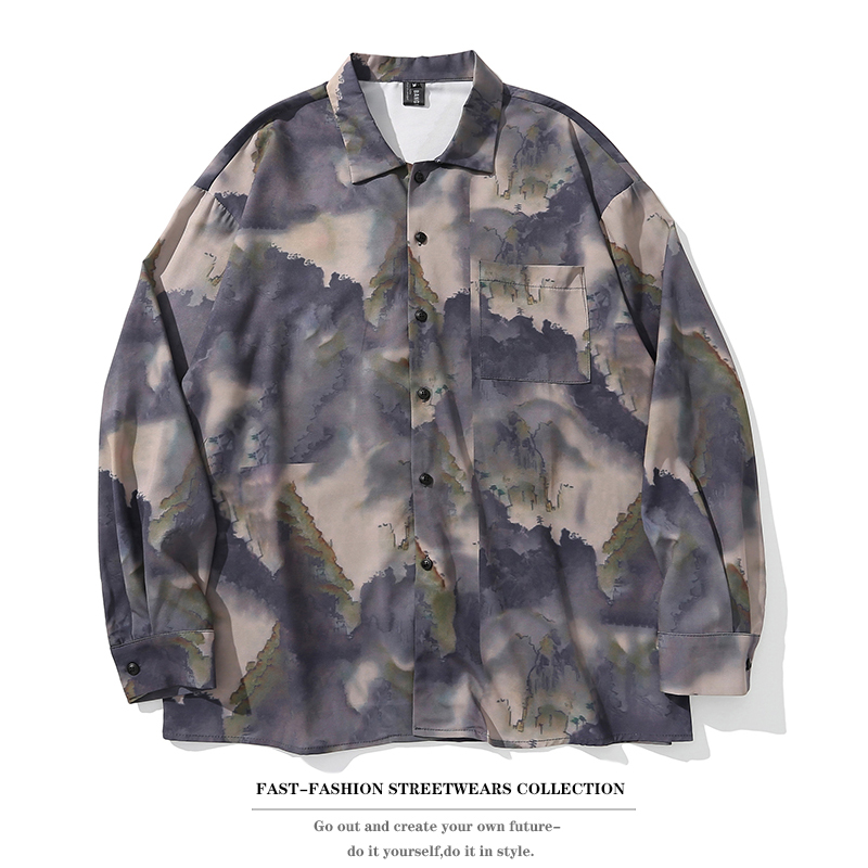 

Hip hop Ink tie-dye printing Shirts Harajuku Casual Button Up Shirt Streetwear Hip Hop Men Fashion Tops, Beige