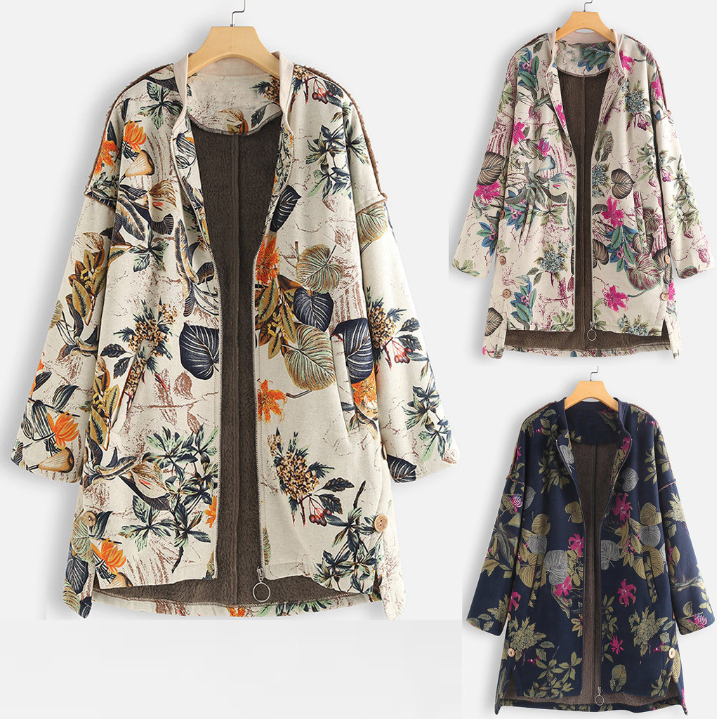 

Womens Winter New Fashion Warm Comfortable Vintage Outwear Floral Print Pockets Vintage Oversize Coats Wholesale Free Ship Z4, Blue