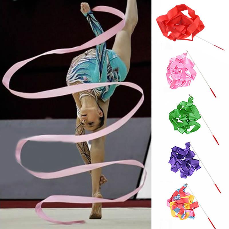 

4M Colorful Dance Ribbon Gym Rhythmic Art Gymnastic Streamer Twirling Rod Stick Gymnastic Training Ribbon