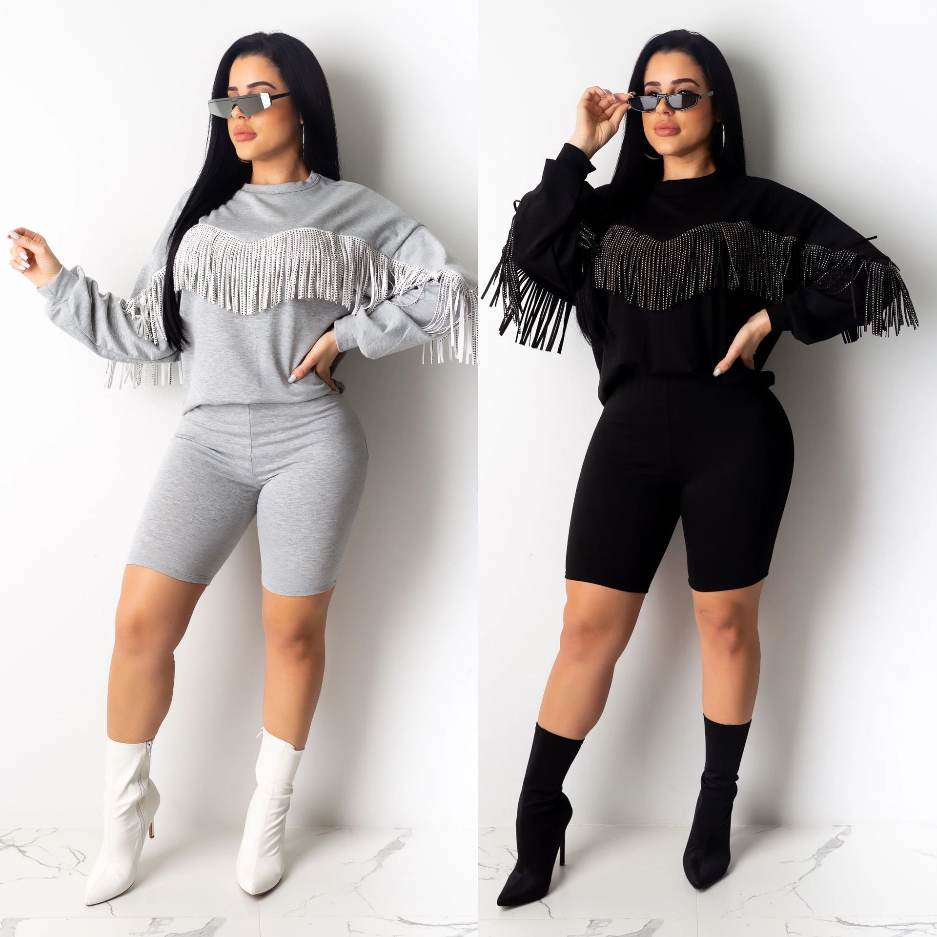 

Fashion Fringed Long-Sleeve Shorts Casual Set Solid Color, Black