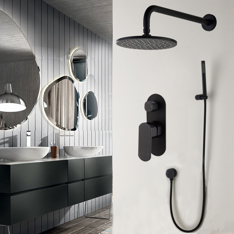 

Brass Concealed Bathroom Shower Mixer System Rainfall Shower Head Black Shower Faucet Tap with Valve and Handshower Set, 16-156