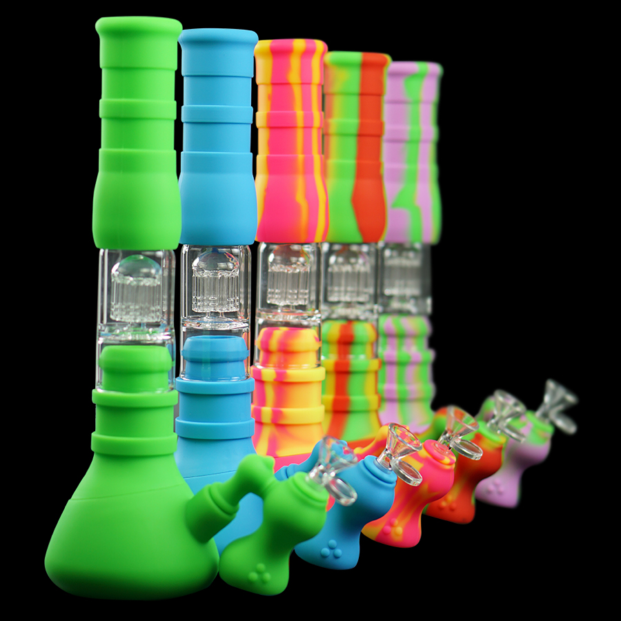

Smoking Glass Bongs silicone water pipe hookah Three-layer filtration beaker bong oil dab rig unbreakable wholesale