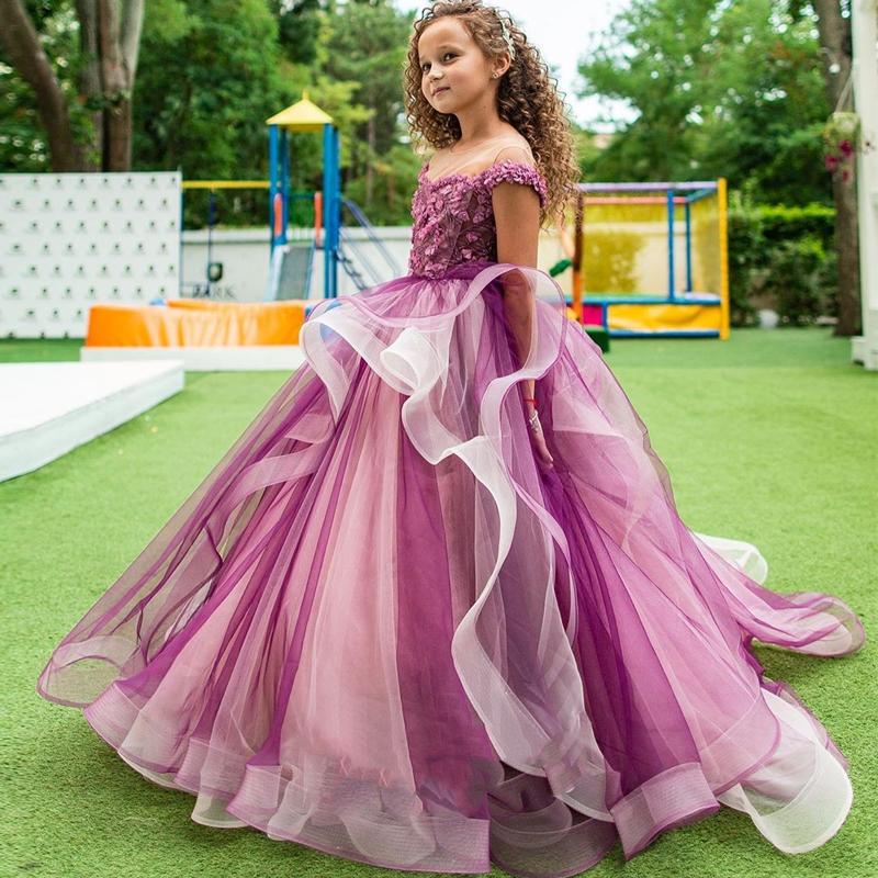 2020 princesse robe de bal robes de filles de fleur pour la dentelle de mariage appliqué perles filles robe de concours à manches courtes robe de