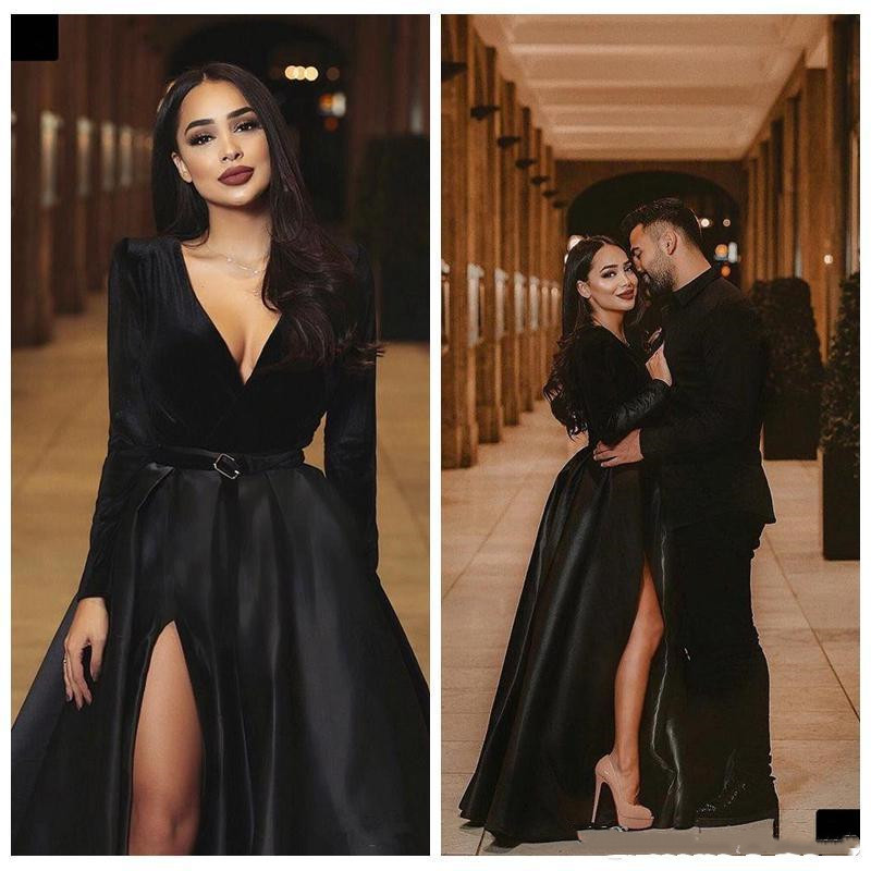 Sexy High Side Split Prom Dresses V-neck Long Sleeves Simple Satin Evening Dress Formal Arabic Dubai Party Gowns Vestidos