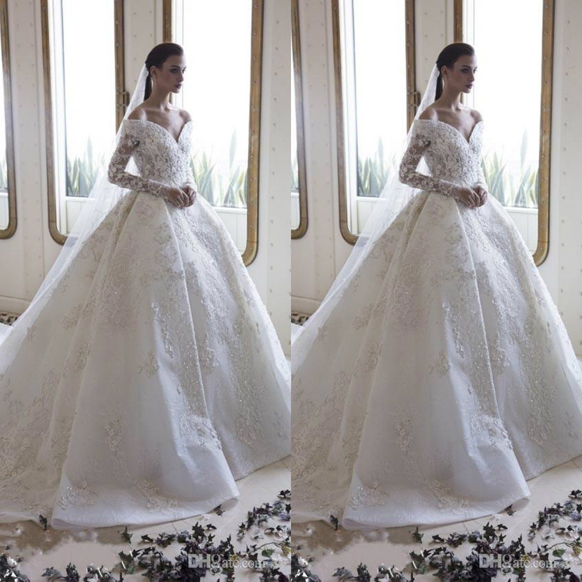 

Ziad Nakad 2020 Wedding Dresses Off The Shoulder V-Neck Sexy Long Sleeves Lace Ball Gown Robe De Mariee Sequined Wedding Gowns, White