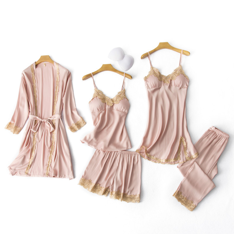 

Sexy Womens 5PCS Pajamas Set V-Neck Nighties Wear Home Negligee Nightwear Lingerie Pijama Spring Nighty Robe Gown Suit Sleepwear, Pink - pajamas