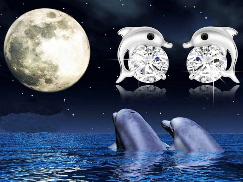 

Wholesale- Crystal Dolphins love Stud Earrings 925 Sterling silver Earrings for Wedding Party Jewelry Free Shipping