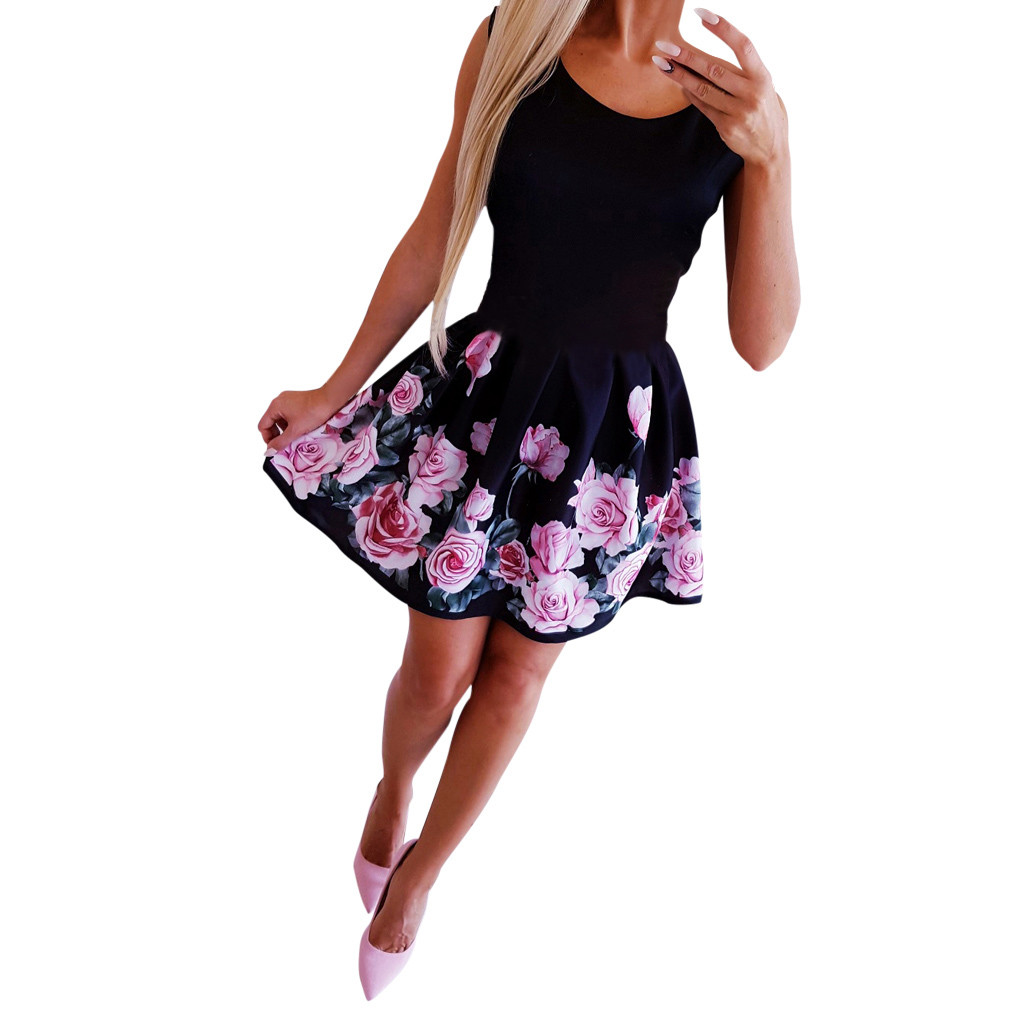 

Summer Dress Women Summer Fashion Dress Sexy Round-necked Rose Printed vestidos de fiesta de noche, Black