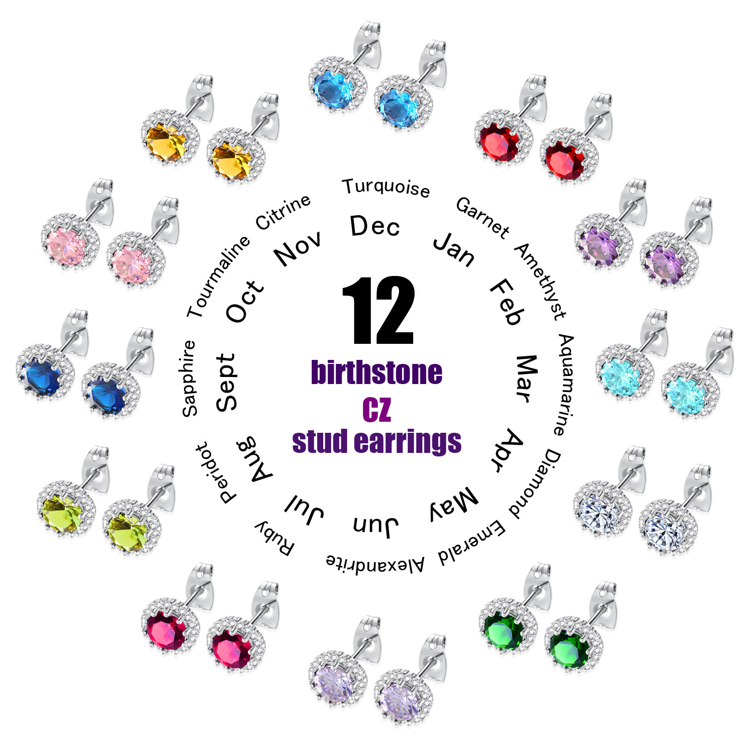 

Trendy Simple 12 colors Birthstone Cubic Zirconia round Stud Earrings For Women Fashion Lady pendientes mujer moda