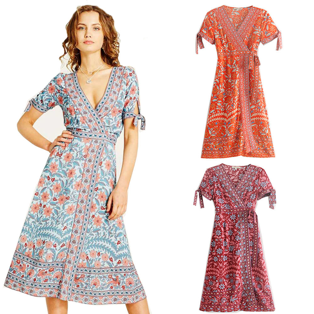 

2020Spring Summer Women's Flowers Print Dress Holiday Bohemian dress Short sleeve Beach dress Women Clothes S  L XL, Black;gray