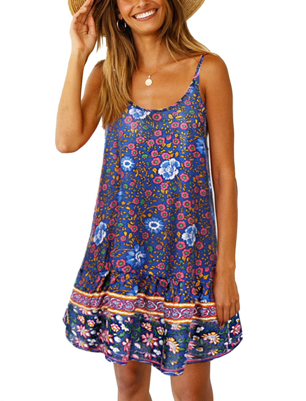 

Womens Casual Floral Printed V Neck Spaghettic Strap Ruffle A-line Summer Loose Beach Short Mini Dress, Blue 1
