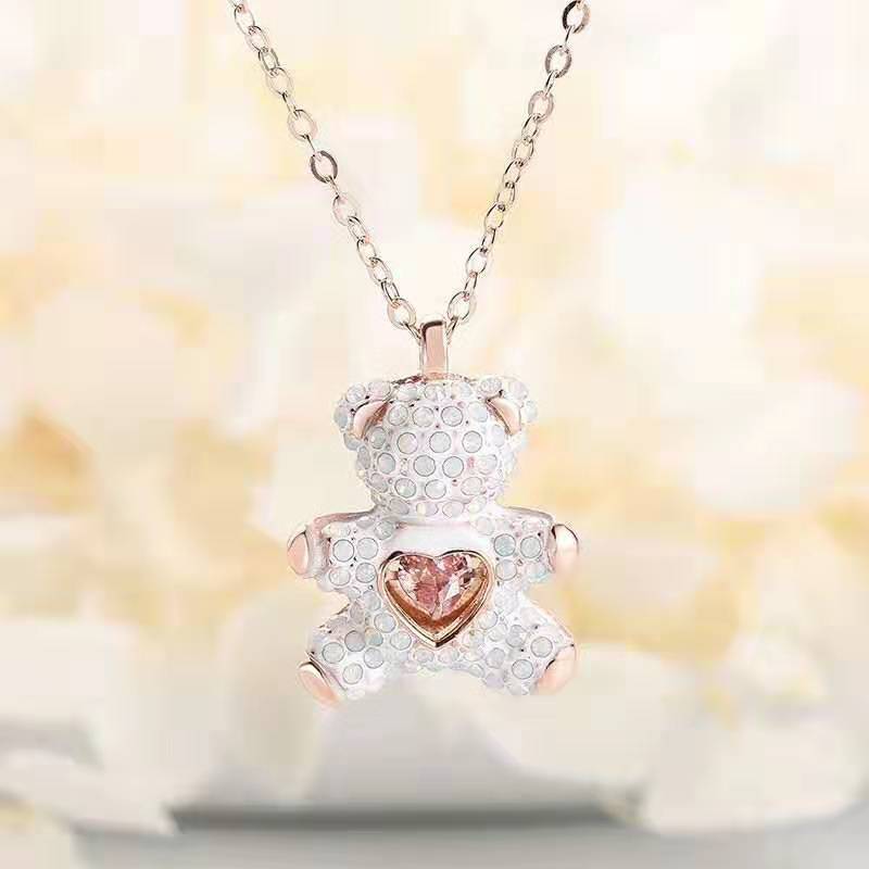 

Wholesale-2019SHI home new pink diamond teddy smart white bear necklace flash heart fashion pendant is cute