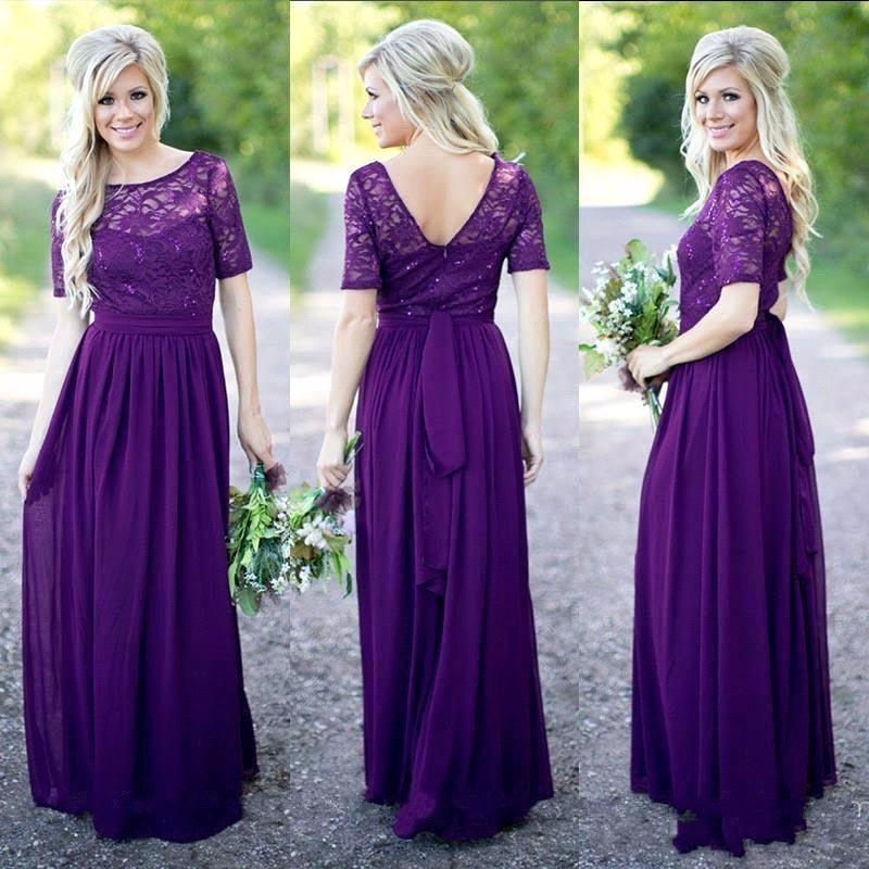 

Newest Purple Bridesmaid Dresses Short Sleeves Lace Sequins Scoop Neck Chiffon Floor Length Maid of Honor Gown Country Wedding Guest Wear