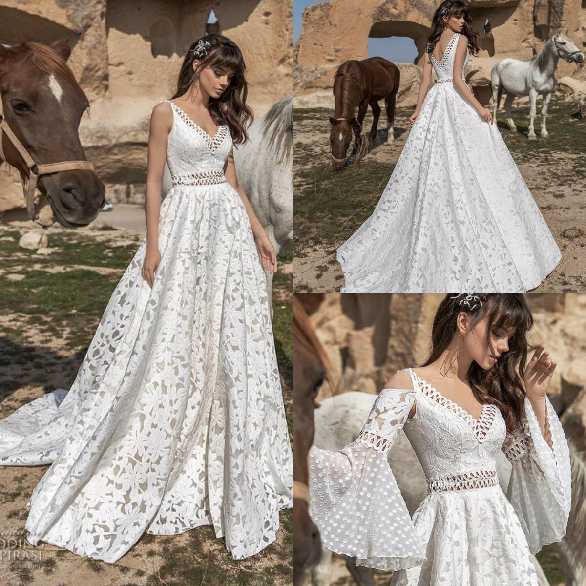 

2019 White Bohemia Wedding Dresses V Neck Detachable Sleeves A Line Appliqued Sweep Train Boho Wedding Dress Custom Made Bridal Gowns, Blue