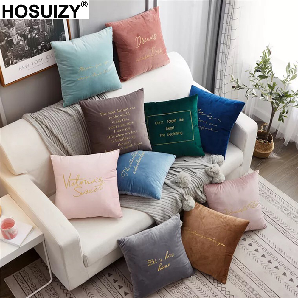 

Velvet Cushion Cover Embroidered Letter Plain Solid Color Nordic Decoration Home Throw Pillow Covers for Sofa Bed Chair, Beige