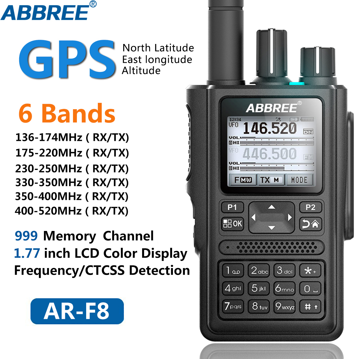 

ABBREE AR-F8 GPS 6 Bands(136-520MHz) 8W 999CH Multi-functional ABBREE AR-F8 LCD Color Amateur Ham Two Way Radio Walkie Talkie