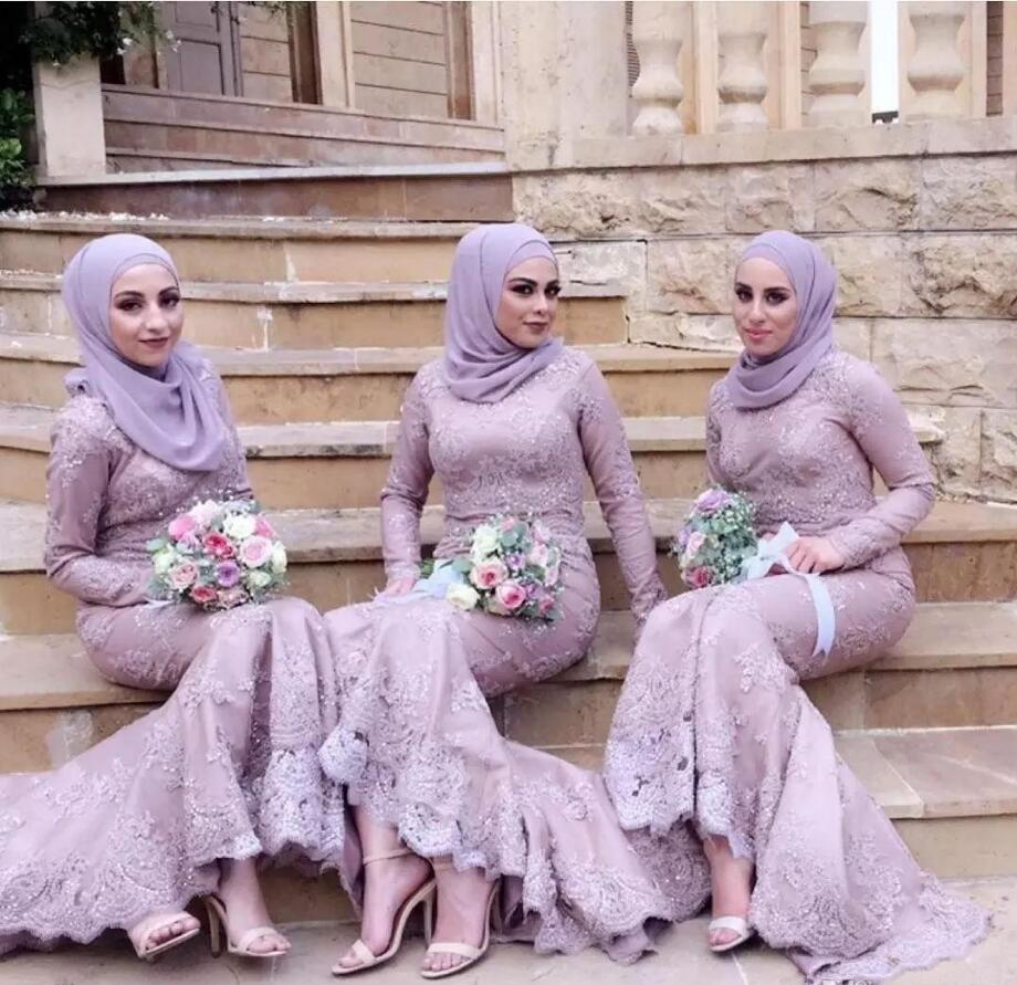 

Muslim Bridesmaid Dresses 2019 Long Sleeves high neck Mermaid Lace Arabic Wedding Guest Dress Formal Evening Prom Party Gowns Custom Size