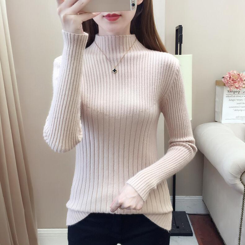 

2019 Autumn winter Women sweater high elastic Solid Half Turtleneck Knitted sweater Long sleeve Pullovers Slim Bottoming Tops, Black