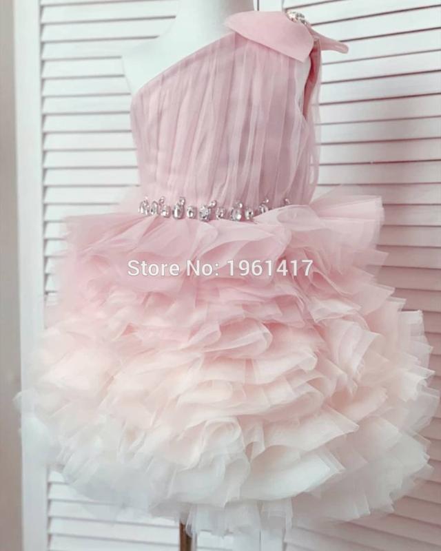 

Lovely Puffy Tulle Ruffles Flower Girl Dresses For Party Birthday Knee Length Baby 1st Birthday Gown, Pink